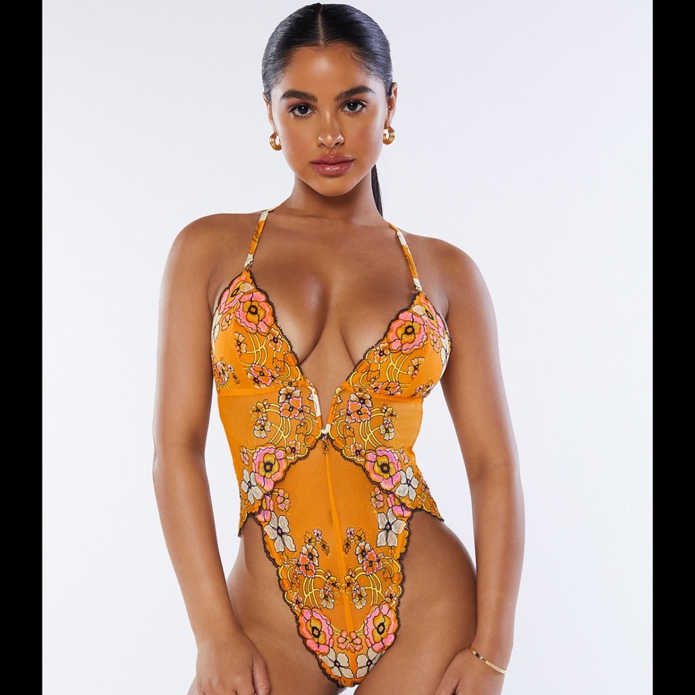 Savage X Fenty Mod Poppy Bodysuit L Orange Floral Lace Lingerie